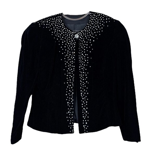 Vtg Velvet Rhinestone Button Evening Formal Blazer Jacket Black Silver Size US 8 - Picture 1 of 11